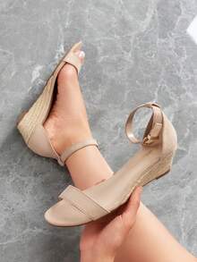 Women'S Wedge Sandals Open Toe Buckle Ankle Strap Comfortable Work Wedding Party Pumps Heel Sandals Dressy Summer Shoes - 米色 - 查看 8