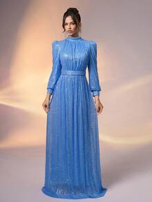 YISIKADO Women Solid Color Sequin Long Sleeve Stand Collar Evening Gown, Formal, Party Dress, For Wedding Guest - Blue - View 5