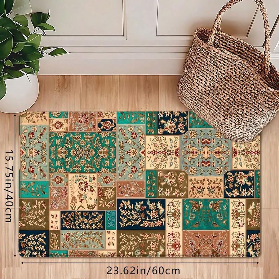 1 pieza Alfombra para cocina de estilo retro con patrón de flores patchwork, alfombra suave antideslizante lavable, absorbente y resistente al aceite para uso diario y áreas grandes del hogar