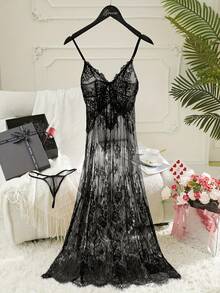 Soft Lace Fabric, Red Transparent Nightgown Set Perfect For All Seasons And Most Occasions, Wife, Girlfriend, Wedding Anniversary Birthday& Valentine'S Gift Sleepwear Sexy Lingerie - 黑色 - 查看 1