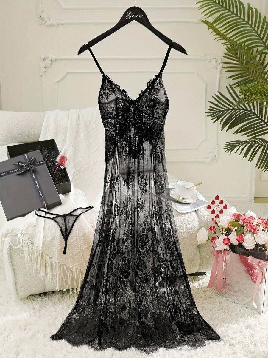 Soft Lace Fabric, Red Transparent Nightgown Set Perfect For All Seasons And Most Occasions, Wife, Girlfriend, Wedding Anniversary Birthday& Valentine'S Gift Sleepwear Sexy Lingerie - 黑色 - 查看 1