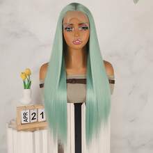 Long Silky Straight Synthetic Lace Front Wigs Light Green Color Hair Replacement Wig Glueless 13x4 Free Part HD Lace Pre Plucked Baby Hair Natural Hairline 26 Inch 180% Density Heat Resistant Fiber For Fashion Women Girls Daily Party Use Ready To Wear - 青碧色 - 查看 3