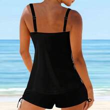 Traje de baño de verano para mujer de 2 piezas, top acolchado con estampado de hojas + shorts con cordón ajustable de color liso para niñas, 5 colores - Blanco - Ver 6
