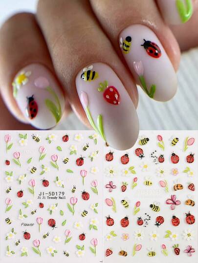 Pegatinas de uñas 5D con mariquitas lindas, flores, abejas, tulipanes y margaritas - Decoraciones de arte de uñas DIY, elegantes calcomanías florales para manicura, suministros de salón y hogar