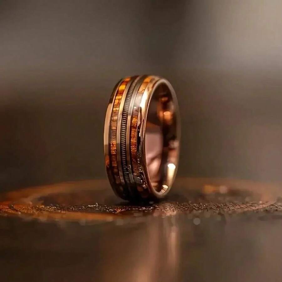 Coffee Color Rose Golden Ring Guitar String Stainless Steel Ring Inlaid Whiskey Barrel Wood Grain Ring For Men Engagement