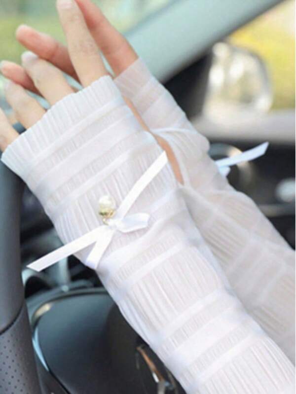 2 Paar Bogen Spitzen Sonnenschutz Ärmel, UV-beständig, elegantes Damen Seide-Eis, langer Armschutz zum Autofahren und Reiten, Polyester Faser (Polyester) Schleife