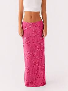 Women's Y2K Summer Sequin Maxi Skirt Sparkle Rhinestone High Waist Floral Embroidery Long Skirt Going Out Glitter Skirt Club Streetwear - 玫紅色 - 查看 2