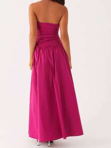 Women Tube Top Maxi Dress Elegant Sleeveless Strapless Ruched Flowy Dress Summer Long Wedding Party Cocktail Dresses - Hot Pink - View 6