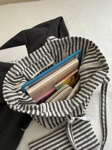 Bolso de gran capacidad de estilo casual a rayas, bolso de compras, vacaciones y escuela, set de 2 piezas con monedero y dije