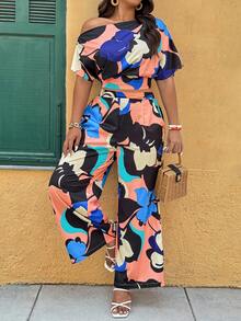 JANE'S Plus Size Floral Print 2pcs Set Top And Pants (Pattern Is Random) - Multicolor - View 4