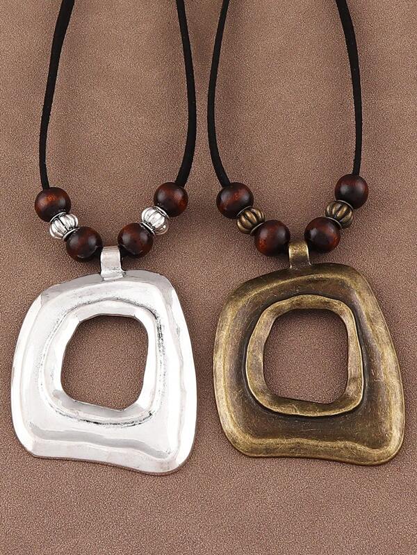 1pc Threaded Wooden Beaded & Uneven Hollow Asymmetrical Square Alloy Pendant Black Suede Cord Necklace For Women, Vintage Sweater Chain
