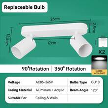 CANMEIJIA Foco empotrado en el techo GU10, lámpara LED de doble cabezal blanca y rotatoria para decoración de habitaciones, apta para sala de estar/dormitorio/cocina/balcón/almacén/estudio/comedor/bar/cafetería/lobby/pasillo/oficina, AC85-265V - Foco GU10 de doble cabezal - Ver 22