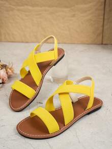2024 Women's Criss-Cross Strap Beach Sandals, Breathable Fabric Flat, Essential For Summer Casual & Vacation - Yellow - View 6