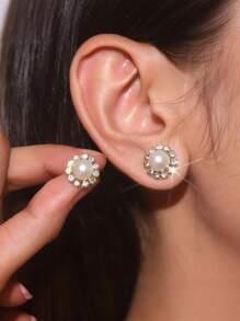 1 Pair Exclusive Design Rhinestone & Faux Pearl Stud Earrings, Elegant & Versatile For Wedding, Everyday Wear, Vacation