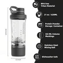 21oz Protein Shaker Bottle With Powder Storage Container-Shaker Cups For Protein Shakes-Pre Workout Bottle-Mixer Cup-Gym Sport Water Bottle -Made With Tritan ,With Wire Whisk Balls - Black - View 4
