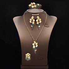 Link Chain Pendant Necklace Earring Set Gold Plated Cubic Zirconia Jewelry Sets Women Wedding Accessories