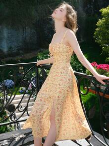 Đầm yếm hoa đơn giản hàng ngày cho nữ - Màu vàng - Xem 3