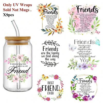 9pcs Waterproof Friendship Quotes UV DTF Plastic Cup Transfer Stickers - Decorative Transfer Decals For Mugs, Bottles, Arts & Crafts, DIY Projects, Easy Apply