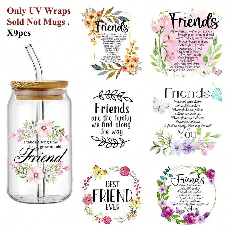 9pcs Waterproof Friendship Quotes UV DTF Plastic Cup Transfer Stickers - Decorative Transfer Decals For Mugs, Bottles, Arts & Crafts, DIY Projects, Easy Apply - Multicolor - View 1