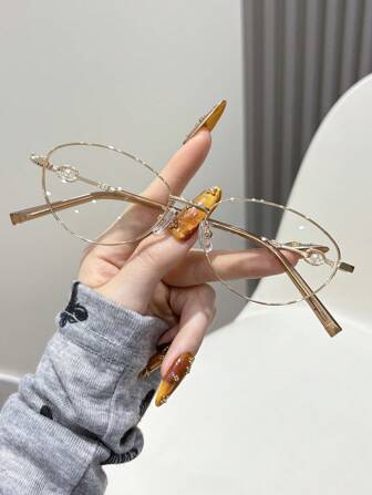 1 件女士椭圆形金属框眼镜，可爱学院风装饰性无度数眼镜