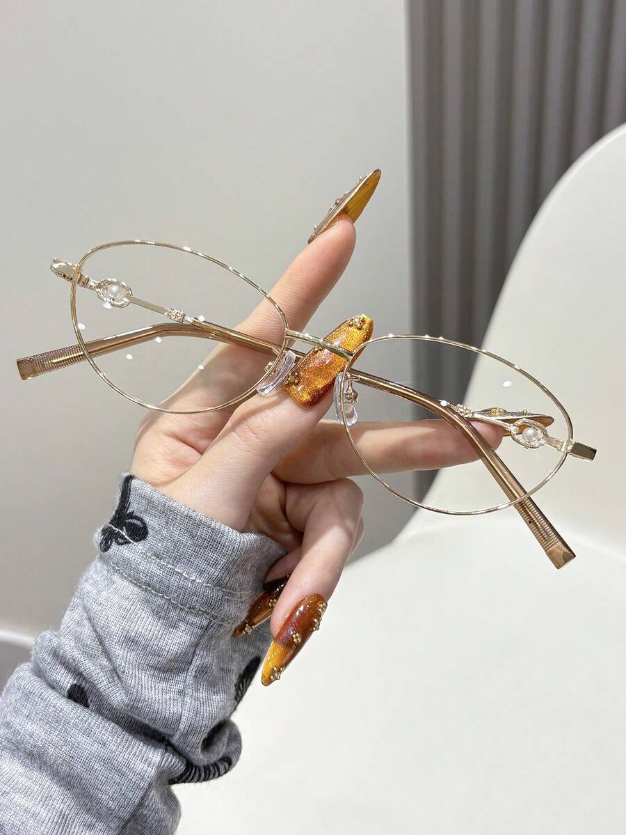 1pc Women's Oval Metal Frame Glasses, Cute College Style Decorative Non-Prescription Glasses - Multicolor - View 1