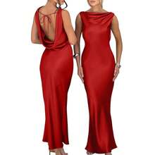 OYS Women's Satin Elegant Sleeveless High Neck Tie Cocktail Party Maxi Dress Fabric Formal - 藍色 - 查看 4