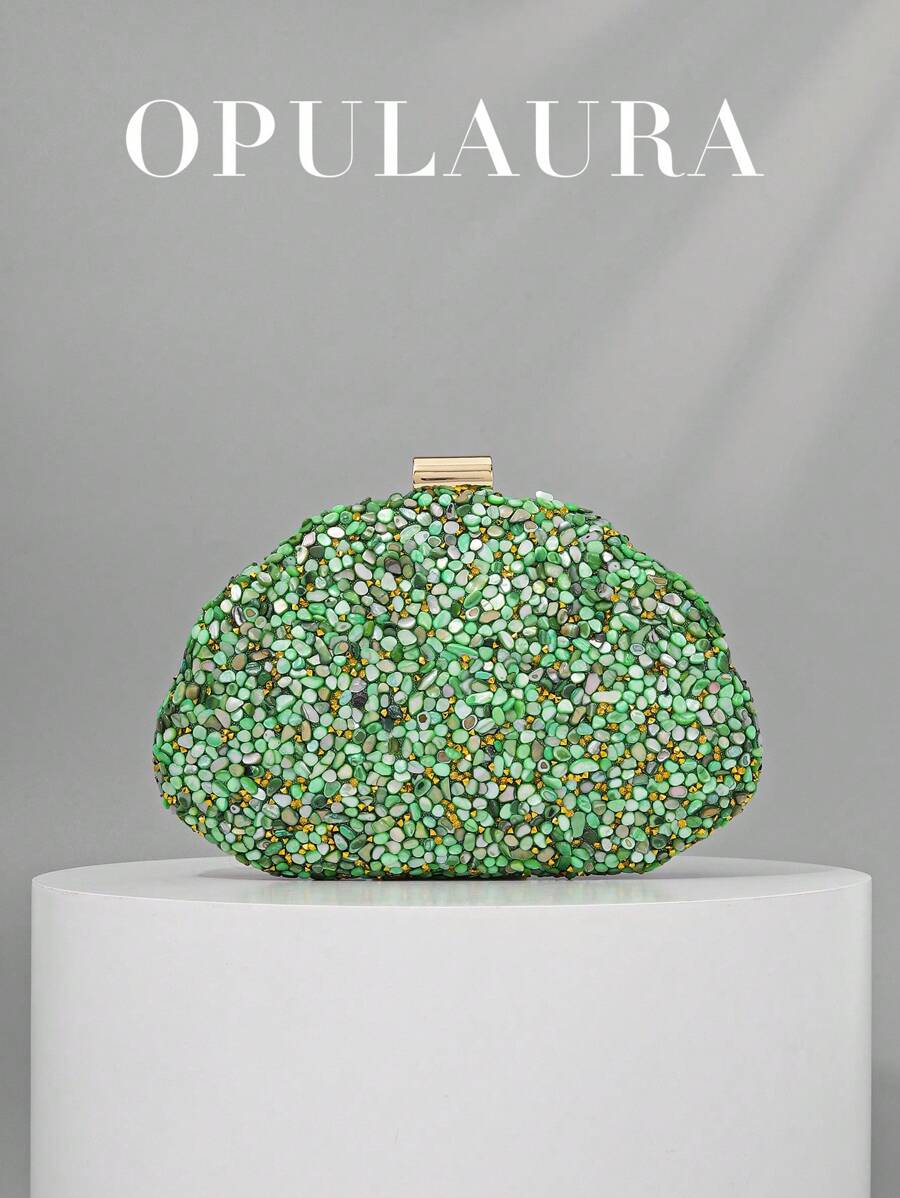 Borsa clutch da donna OpulAura, di lusso, decorata con cristalli, a forma di conchiglia, borsetta da cerimonia elegante, adatta per matrimoni, gala, eventi formali, abbinata bene con abiti da festa, vestiti luccicanti