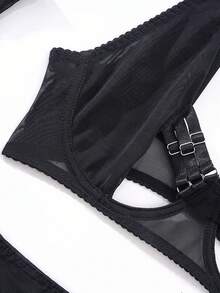 Women's Bra With Mesh Fabric Complex Design, Garter Belt, Lingerie - Black - View 7