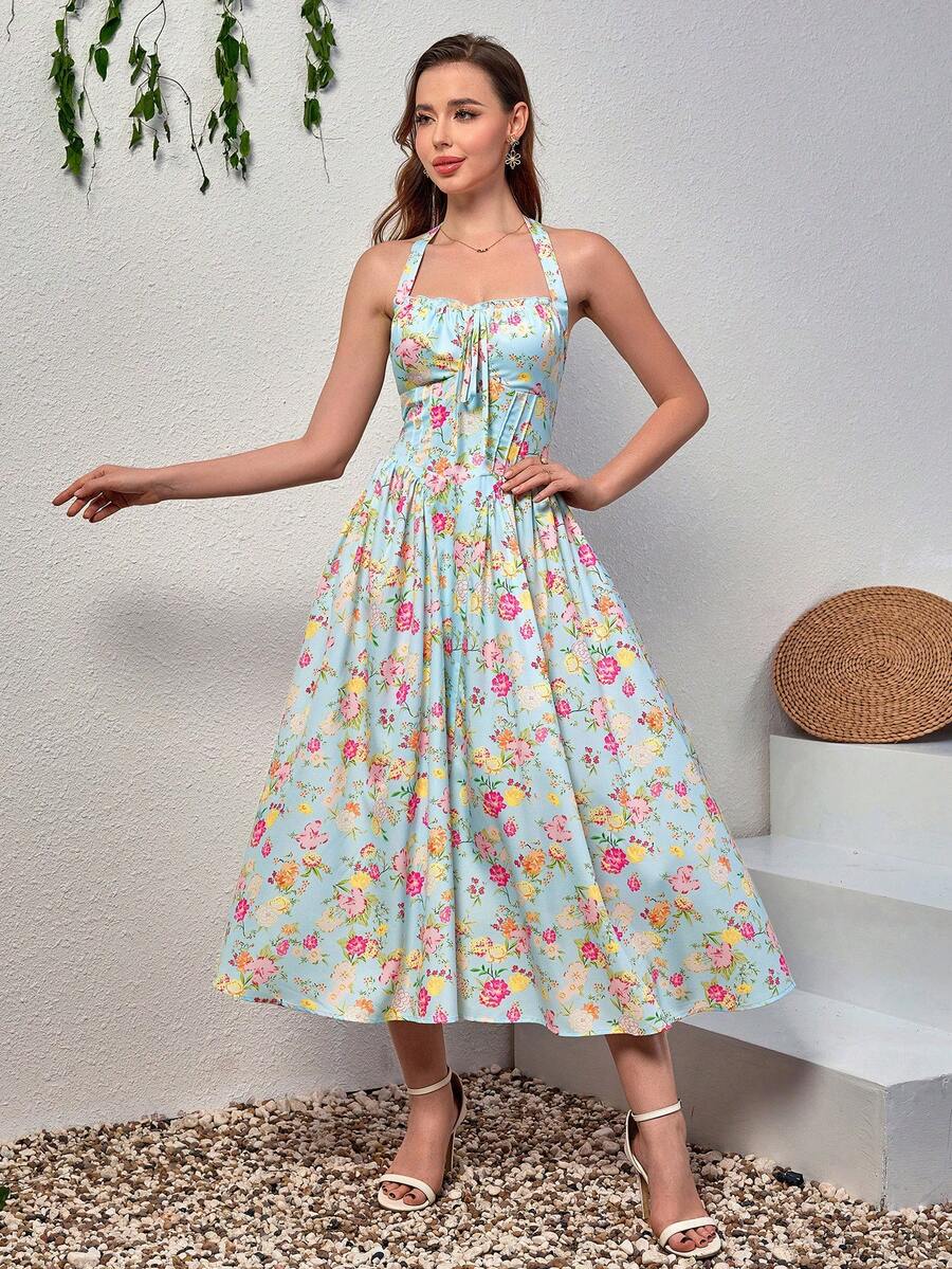 PARTHEA 挂脖系带花卉印花紧身褶饰连衣裙 - 藍色 - 查看 1