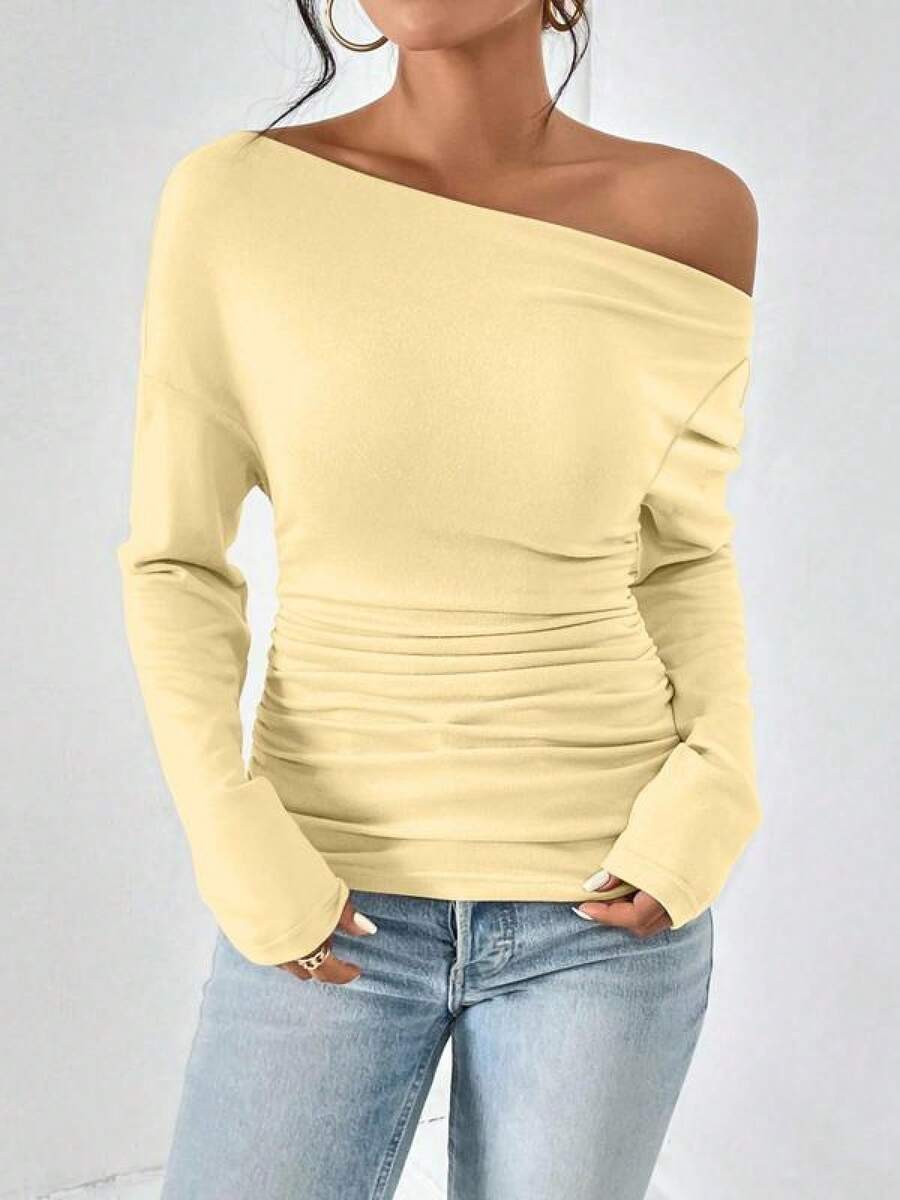 Women's Plain Minimalist Basic Ruched Asymmetrical Neck Drop Shoulder Tee, Elegance Mufti Clothes, Fall Long Sleeve T-Shirt For Everyday, Back To School T Shirts, Lady Clothes For Streetwear, Womenswear, Casual Wear - 黃色 - 查看 1