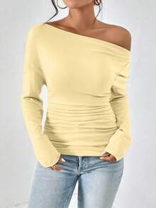 Women's Plain Minimalist Basic Ruched Asymmetrical Neck Drop Shoulder Tee, Elegance Mufti Clothes, Fall Long Sleeve T-Shirt For Everyday, Back To School T Shirts, Lady Clothes For Streetwear, Womenswear, Casual Wear - 黃色 - 查看 2