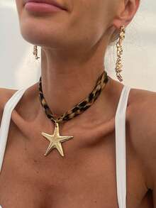 1 pieza Collar con colgante de estilo bohemio con estampado de leopardo, cuerda gruesa, estrella de mar, caracola, flor y corazón para mujer, collar de gargantilla para la playa, joyería de regalo