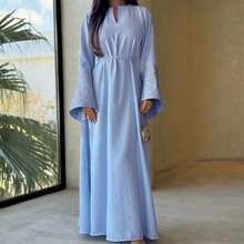 Everyday Contrast Color Patchwork Embroidered Bell Sleeve Belted Robe, Modest Kaftan - Blue - View 3
