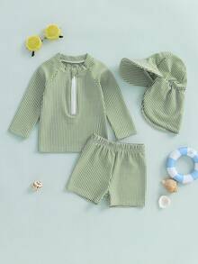 Toddler Boy Rash Guard Swimsuit Stripe Print Long Sleeve Mock Neck Tops With Shorts And Swimming Hat Bathing Suit - 綠色 - 查看 6