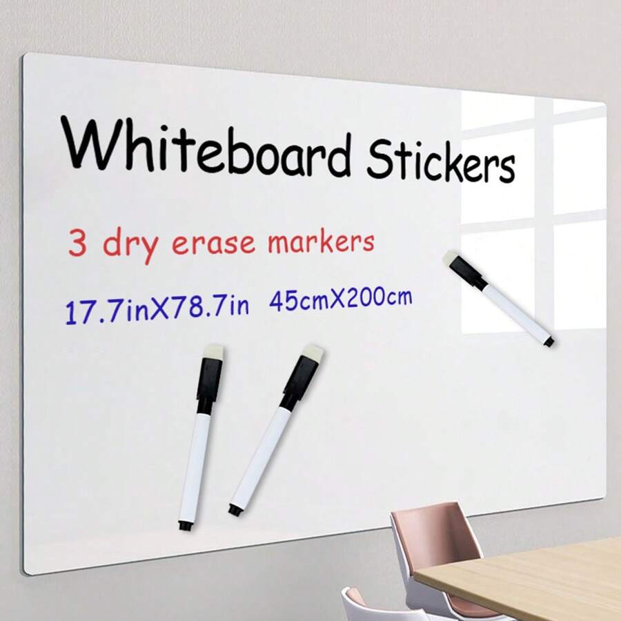 1pc Whiteboard Sticker [FREE 3 Chalk Markers], Self-Adhesive Can Be Trimmed, Suitable For Office, School, Home - Use For Writing, Drawing, Math, Doodling - White - View 1