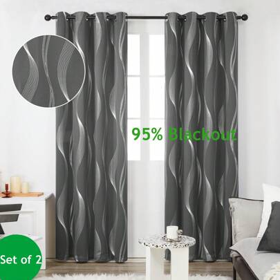 2 Pcs Deconovo Blackout Curtains For LIving Room, Grommet Top - Thermal Insulated Room Darkening Drapes, Silver Wave Print Noise Reducing Window Curtains For Bedroom & Living Room, Kitchen, Ofiice, NUrsery, All Season
