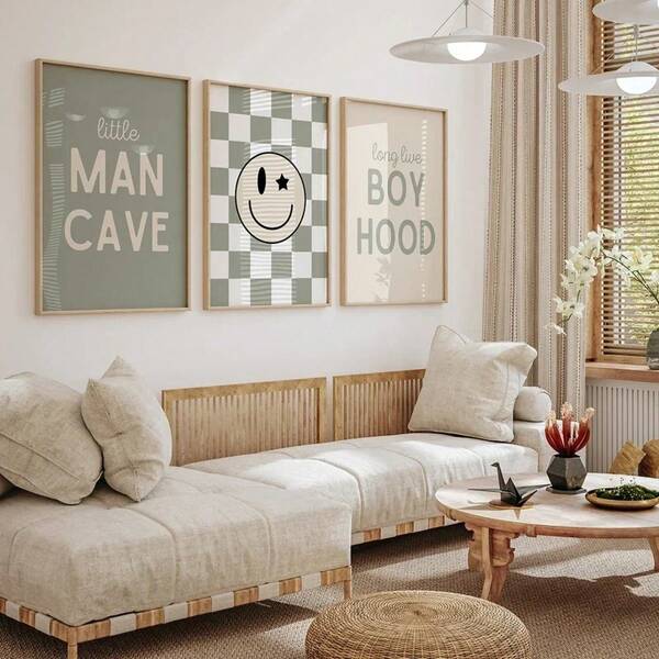 1pc Gift Modern Checkered Sage Green Long Live Boyhood Quotes Posters Print Canvas Painting Wall Arts For Room Home Decor Optional Frame,Wall Art With Frame