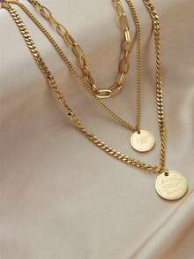 1pc Stainless Steel Double Layer Engraved Round Plate Necklace, Gold Plated - Yellow Gold - View 2