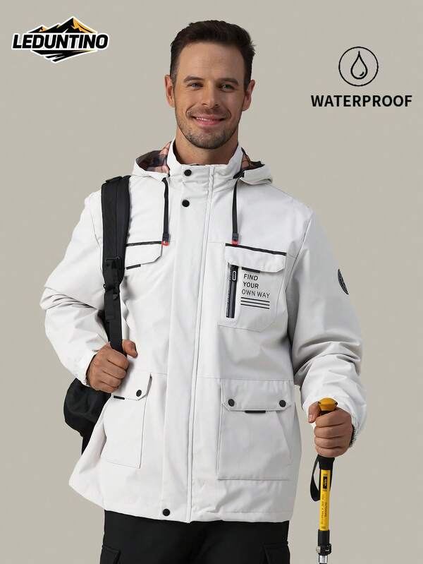 LEDUNTINO [Spring/Summer Style] Men's Fashion Zip-Up Casual Outdoor Jacket, Sports Style, Solid Colors - Burgundy, Green, Grey, Slogan Design, Great Boyfriend Gift, Men's Spring Autumn Lightweight Tops, Detachable Hood, Windproof, Windbreaker, Multi-Pocket, Letter Print Jacket Coat For Men, Fall/Winter