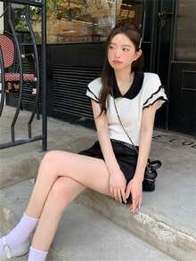 女士可爱优雅返校新款短袖针织毛衣，拼色马球领短款上衣