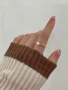 1pc Geometric V-Shaped Pearl Decor Opening Copper Ring, Suitable For Wedding Season And Engagement - Yellow Gold - View 9