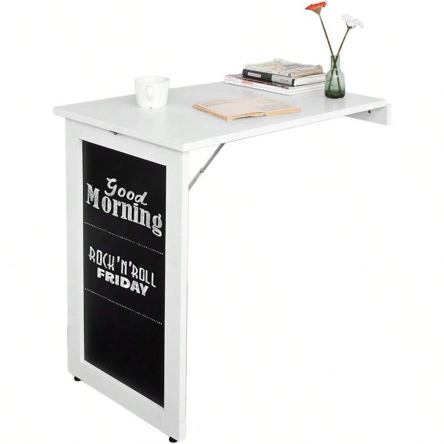 Wall-Mounted Drop-Leaf Table, Folding Kitchen Dining Table Desk With Memo Board, White - White - View 1