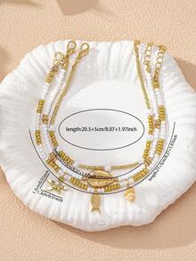 3 Pcs Bohemia White Beads Layered Anklets Set Women Fashion Summer Beach Style Starfish Fish Shell Decor Beaded Foot Chain Boho Beaded Anklet - Multicolor - View 3