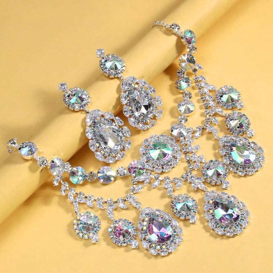 Fashionable Exaggerated Water Drop Rhinestone Earrings For Women - Silver Necklace - View 1