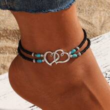 1pc Bohemian Layered Beaded Women's Hollow Double Heart Charm Ankle Bracelet Summer Beach Vacation Foot Jewelry Gift