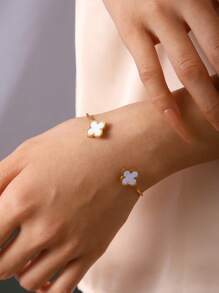 TONSI 1 Set Minimalist Elegant Versatile Luxury 18K Gold Plated Stainless Steel Four-Leaf Clover Bracelet & Ring Jewelry Gift Box Set, Best Birthday/Holiday Gift For Women