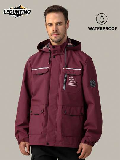 LEDUNTINO [Primavera/Estate] Giacca casual con chiusura lampo da uomo per uso esterno, sportiva, in colori solidi (bordeaux, verde, grigio), con slogan, regalo per il fidanzato, felpe leggere da uomo per primavera/autunno, cappuccio rimovibile, antivento, parabrezza, con tasche multiple, giacca con stampa a lettere per uomo, autunno/inverno
