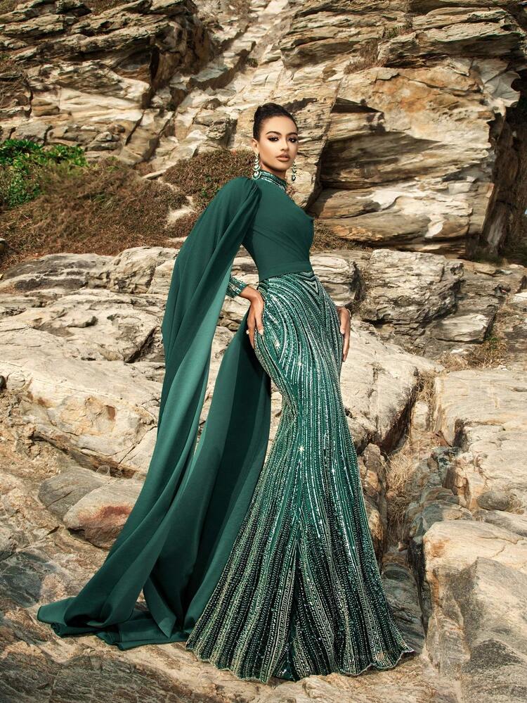 Luxurious Beaded Sequined Evening Gown With Extra Long Sleeves, Mermaid Tail Prom Dresses Perfect For Red Carpet Galas, Luxury Weddings, Music Awards, And Metaverse Fashion Shows - Dark Green - View 4