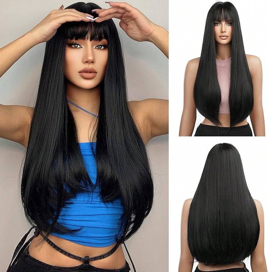 Pelucas Para Mujer Long Straight Synthetic Layered Black Hair Wig 24 Inch Synthetic Tropical Fringe Resistant Wig Highlights Women's Hair Straight, Dark Hair Roots Look Natural And Suitable For Daily Wear, Beautiful Hair - Straight Black - View 1