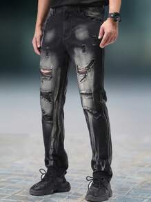 1pc Men's Slim Fit Black Straight Leg Distressed Jeans, Casual Street Wear Cargo Denim Pants, Suitable As Gift For Husband Or Boyfriend
